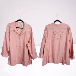 Lucy Pereda NEW 100% Linen Embroidered Cutout Button Down Shirt Size 24W Pink